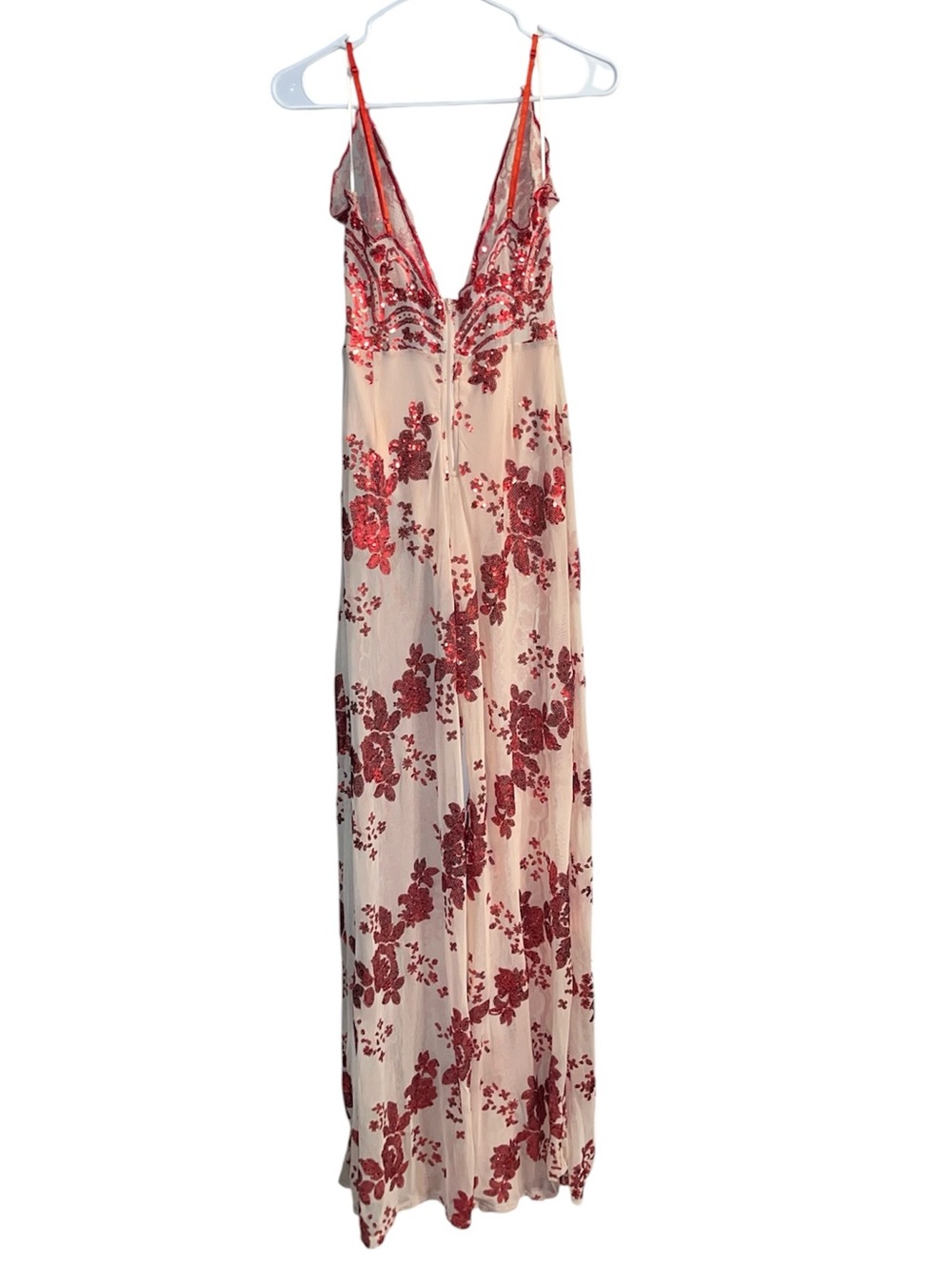 NWT Banjul Sheer Cream with Red Sequin Floral Open Wide-Leg Jumpsuit Size L - Picture 7 of 11